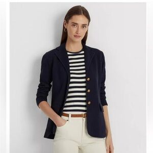 New Ralph Lauren Sweater knit Blazer navy blue preppy nautical academia gold L